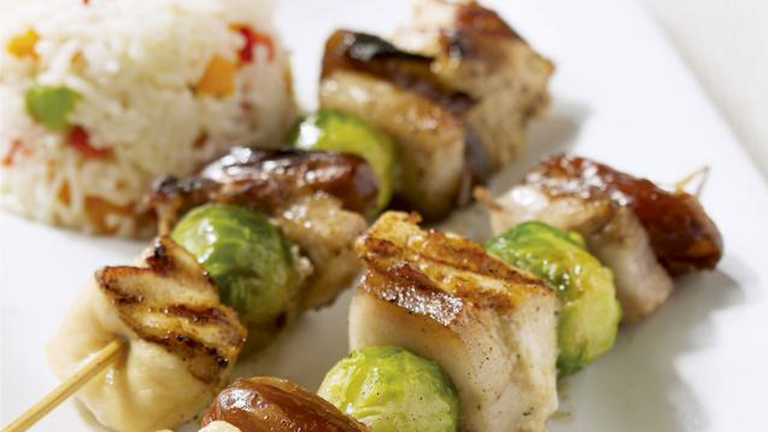 Skewer with Brussels sprouts, chicken, and fresh dates
